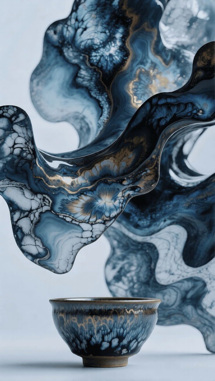 A Jian Zhan cup beneath an abstract blue and gold glaze study.